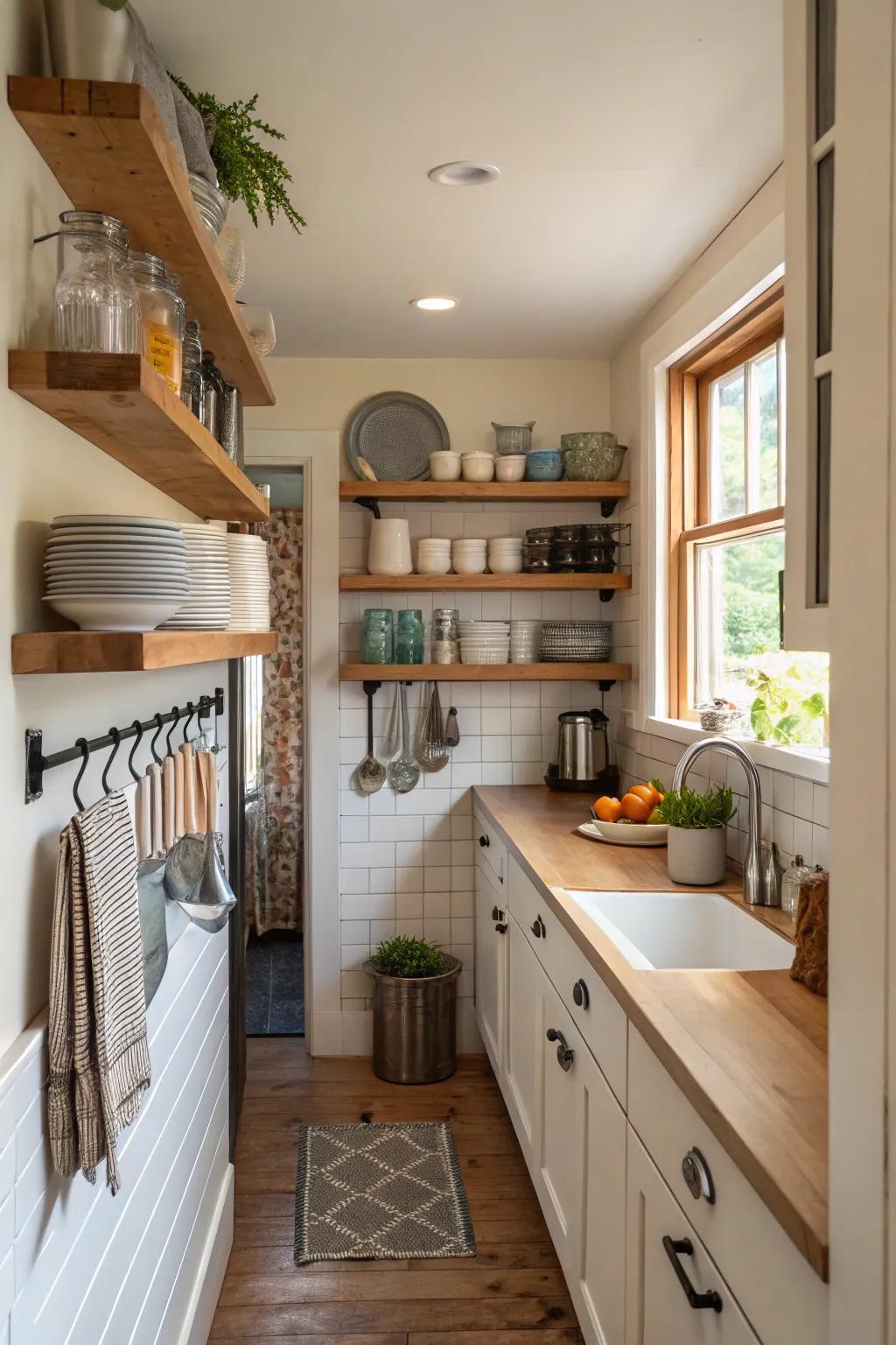 Floating shelves introduce elegance and practicality.