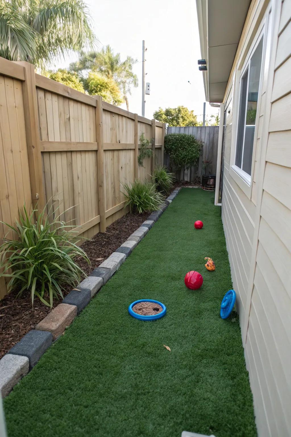 Pet-friendly zones offer space for furry friends in narrow side yards.