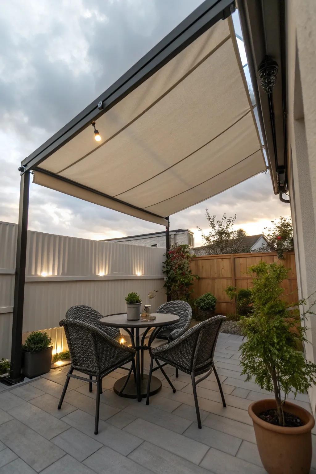 An adjustable shade delivers versatile sun defense.