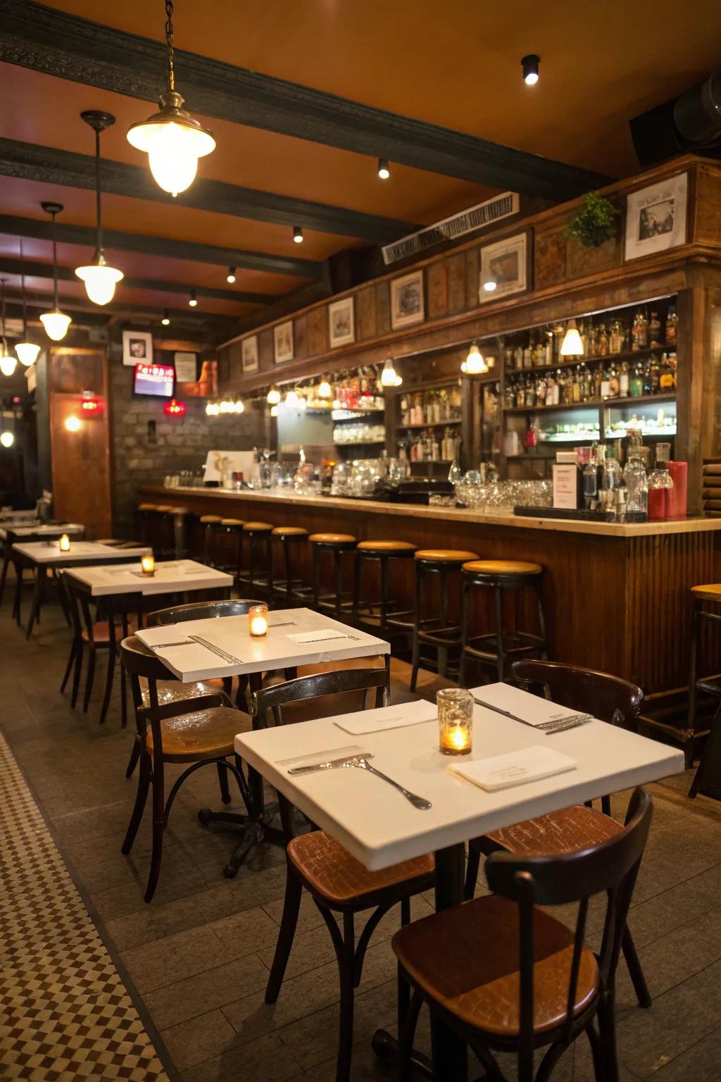 Multi-functional furniture maximizes area within a petite restaurant bar.