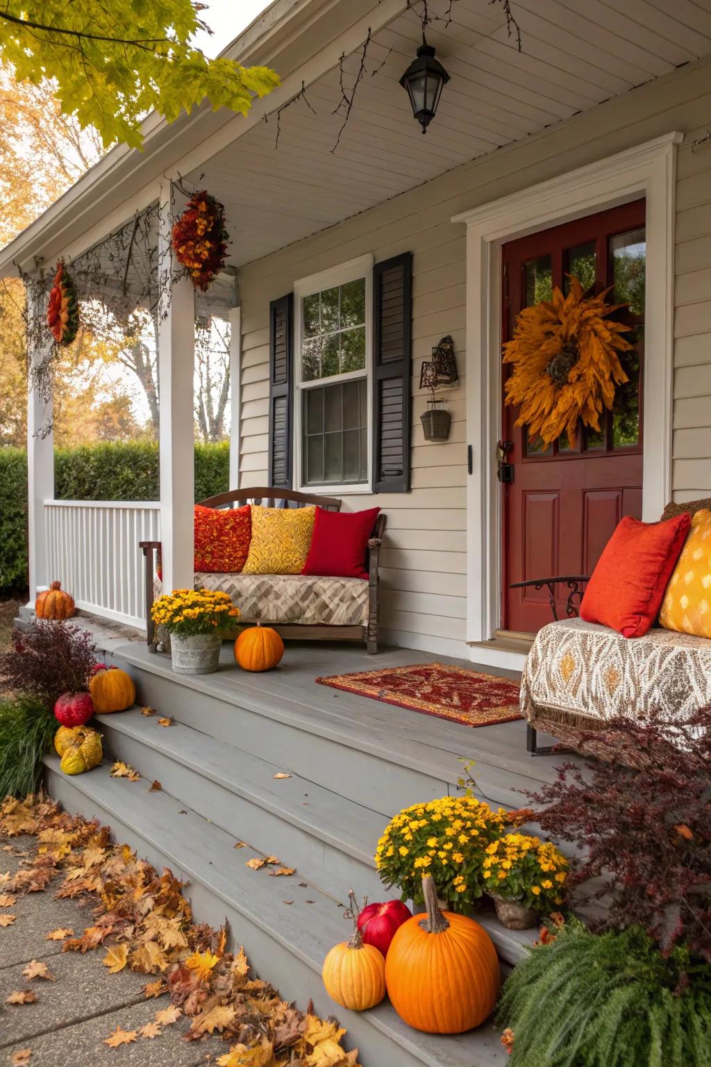 A side porch adorned with seasonal decorations and colorful pillows.