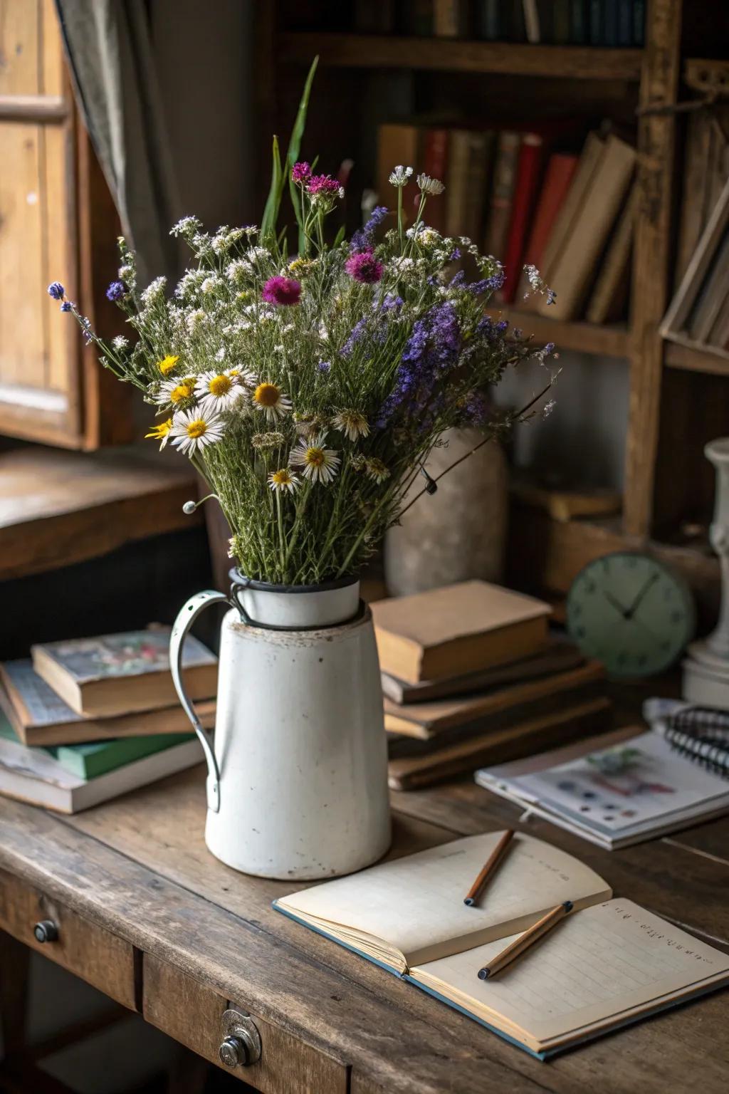 A vintage dairy container gives sentimental charm to any floral arrangement.