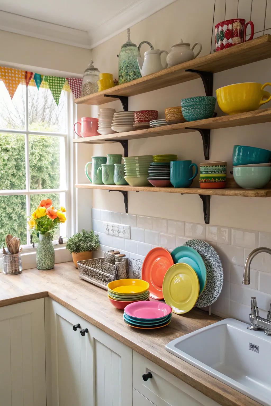 Shelves that hover enhance both the style and holding space of a small cooking area.
