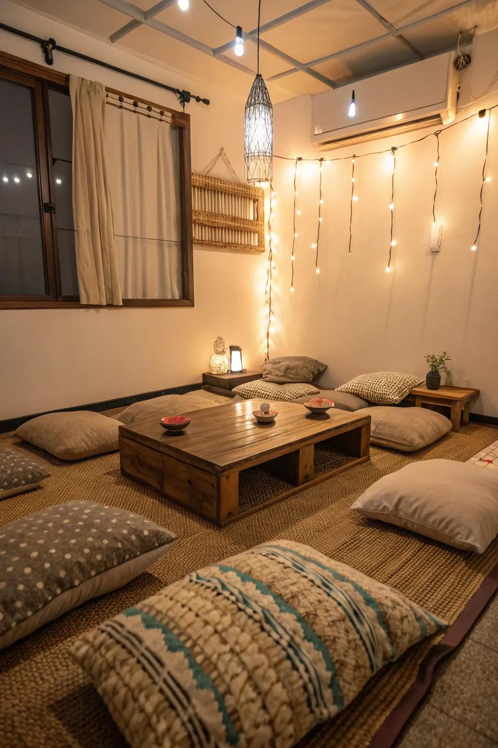 Floor seating designs a cozy atmosphere perfect for intimate gatherings.