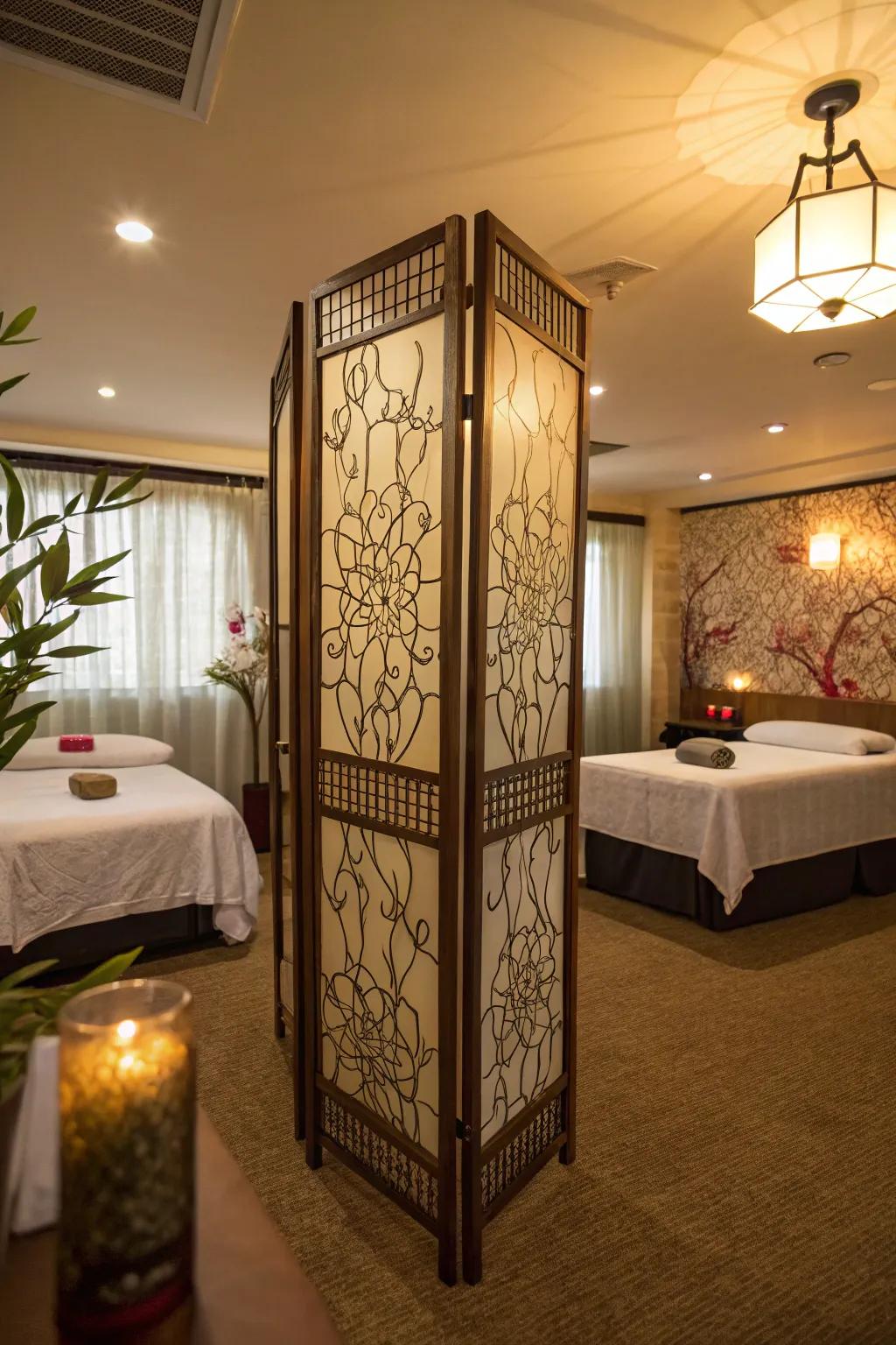 Folding screens offer privacy and versatility in small spaces.