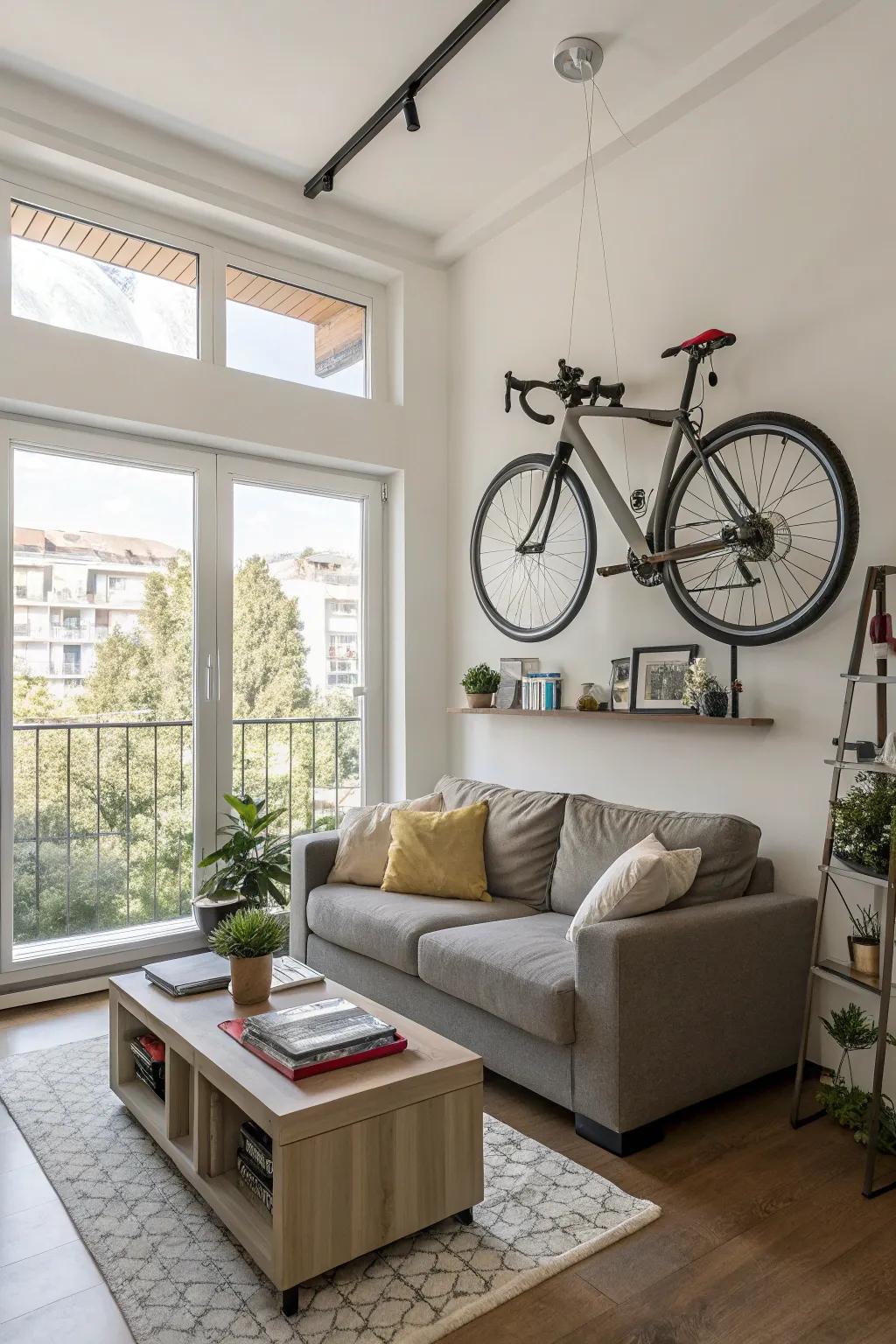 Wall-mounted bikes create stylish storage.