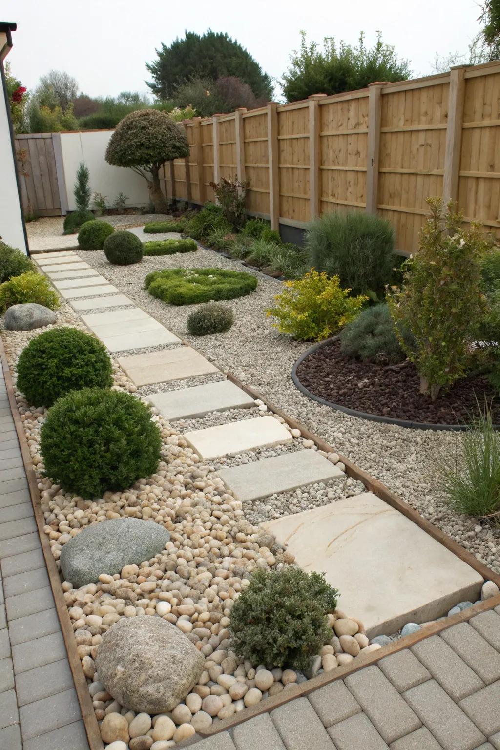 A low-maintenance garden featuring a clean stone and gravel design.