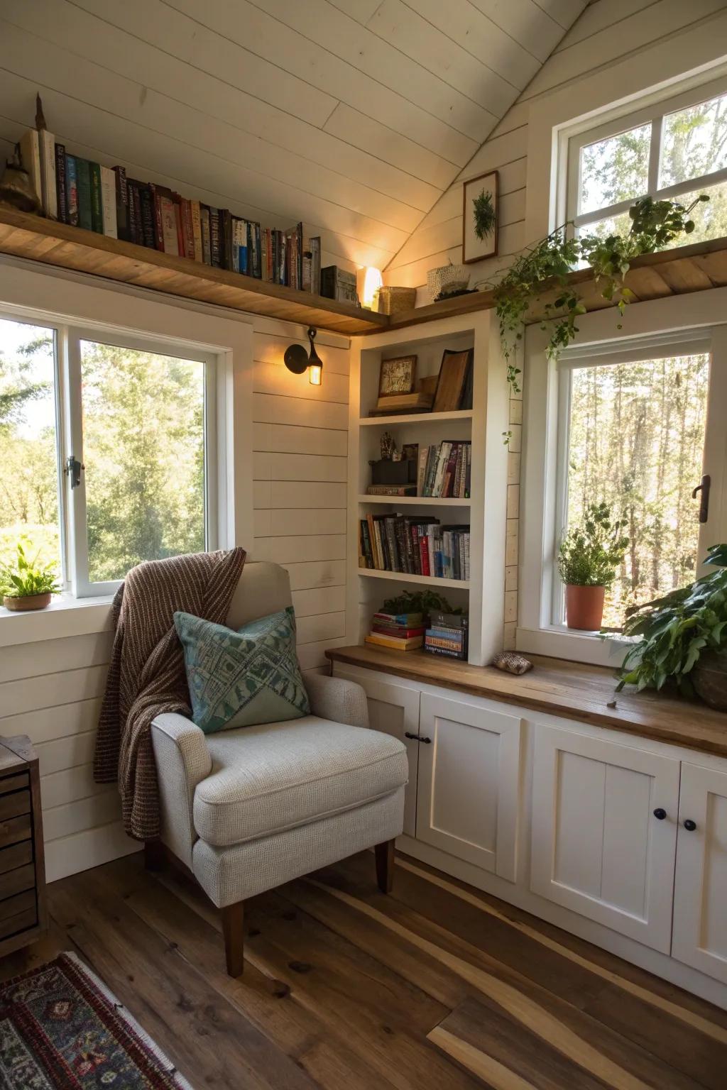 A comfortable reading corner presents a quiet haven inside compact homes.