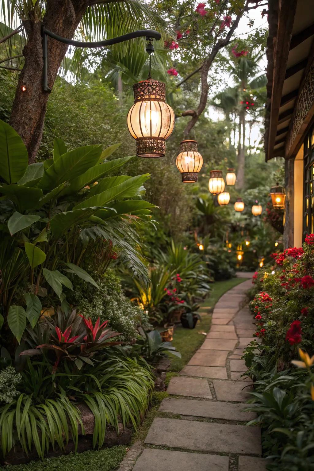 Lanterns add a magical glow to the tropical garden at dusk.