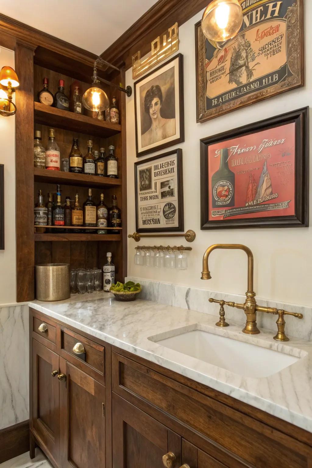 Vintage decor components adding ageless appeal to a small wet bar.