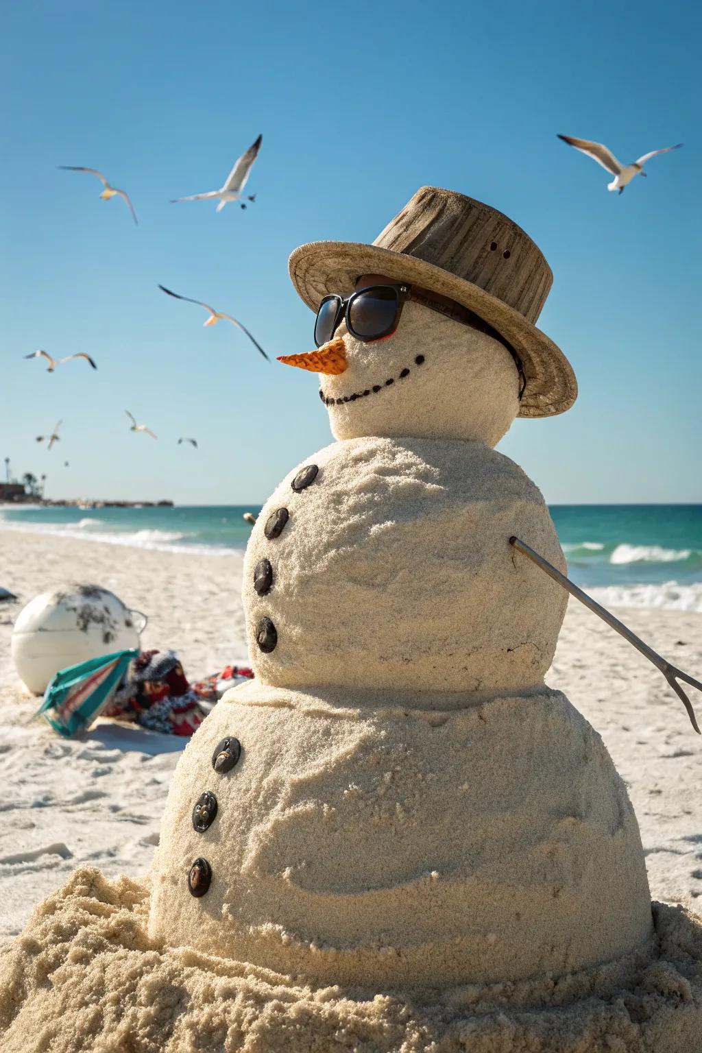 A beach snowman enjoying the sun with beachy accessories.