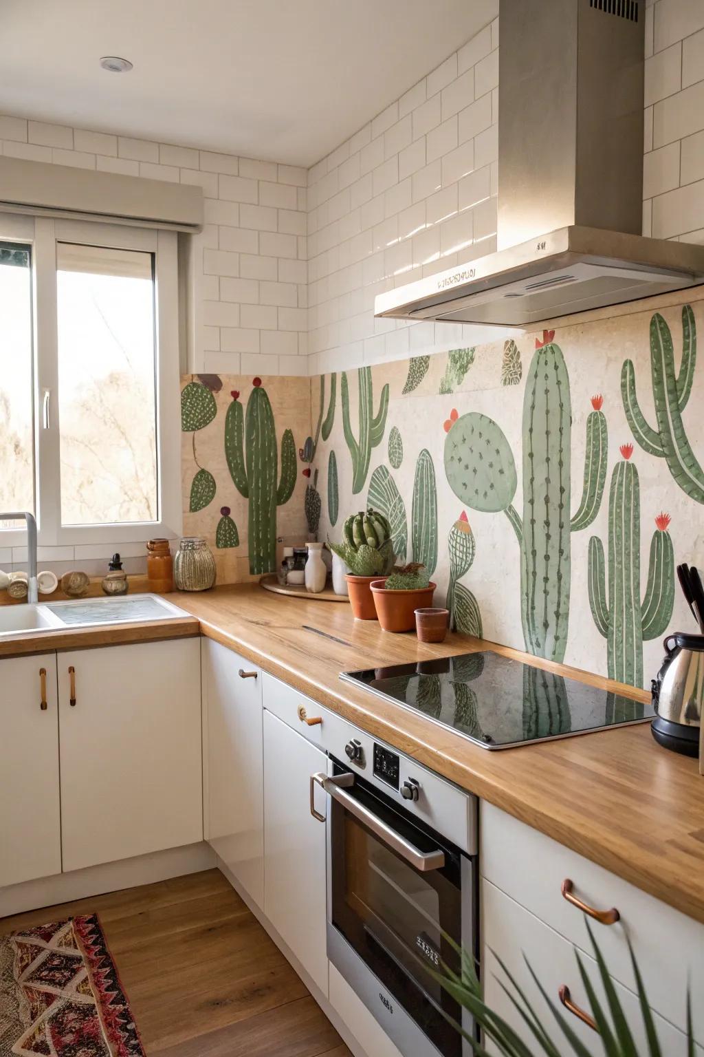Cactus-shaped panels introduce a quirky and playful element to the cooking space.