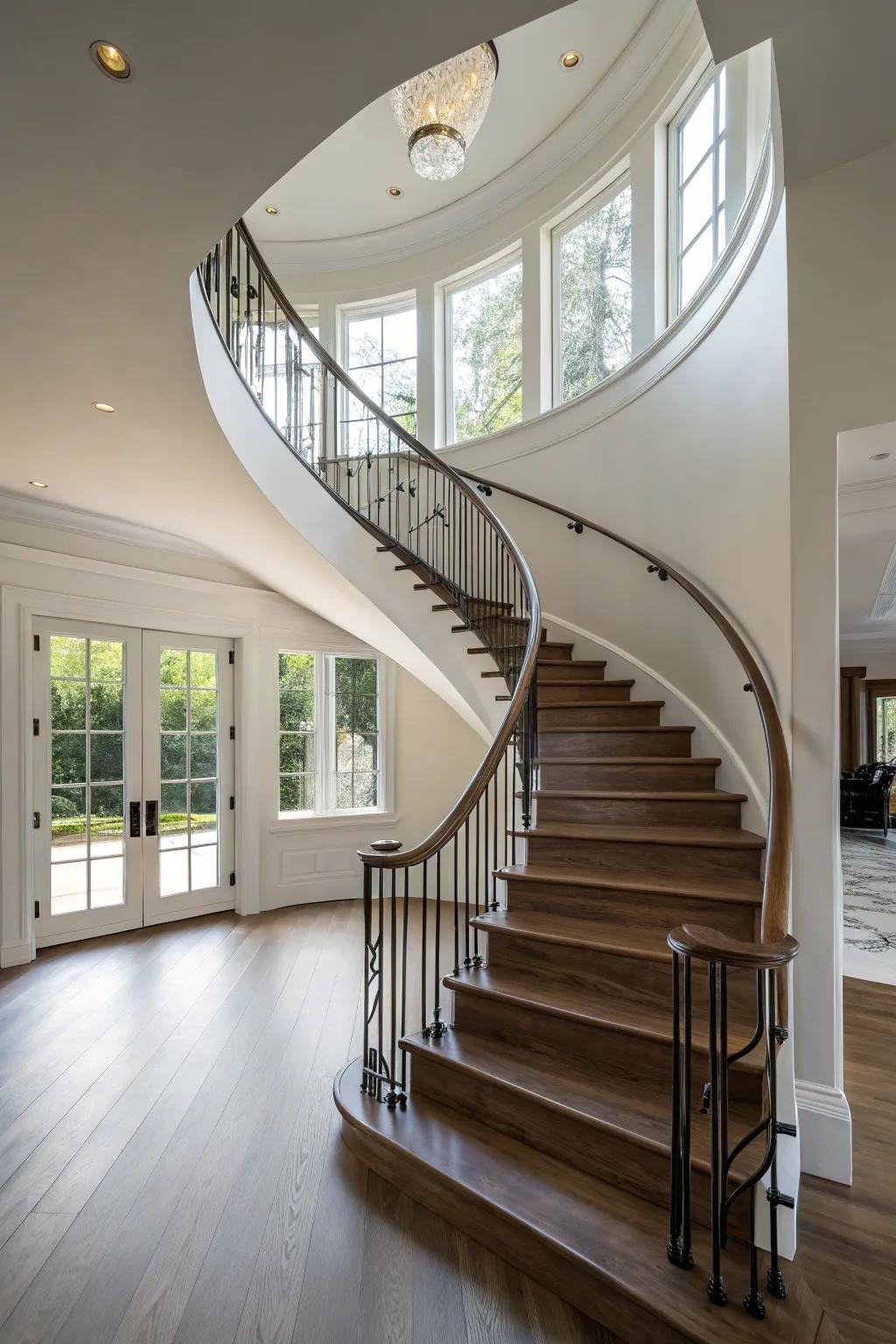 Curved staircase adds elegance and fluidity to the space.
