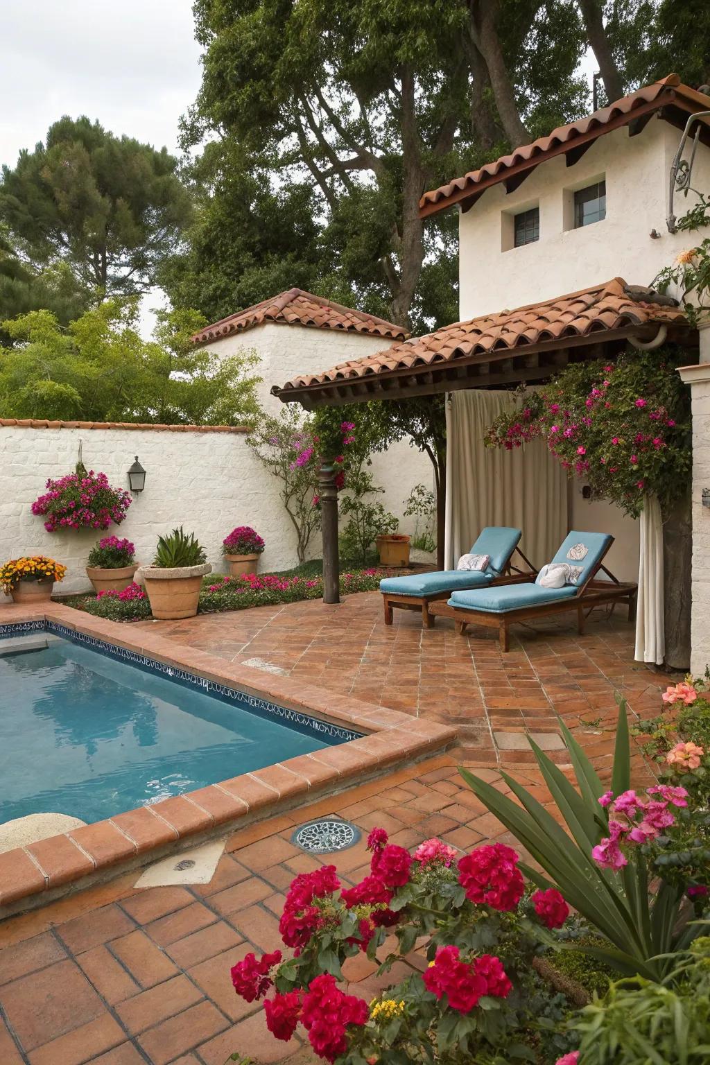 A lounger offers a perfect spot for serenity in this Spanish-inspired backyard.