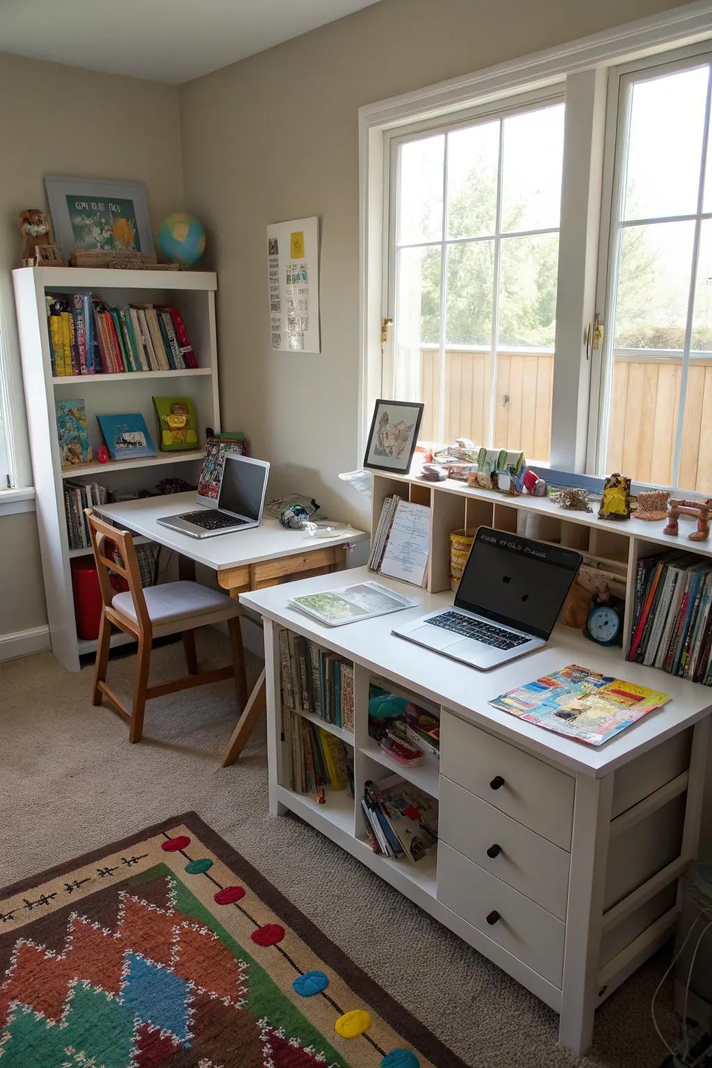 Multifunctional desks support diverse activities.