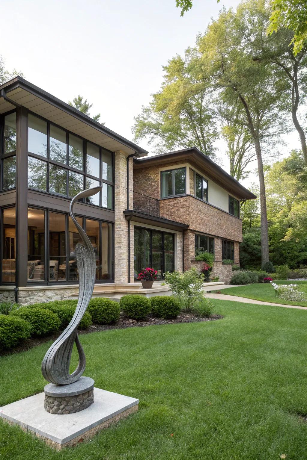 A garden is made more aesthetically pleasing by the presence of outdoor art.