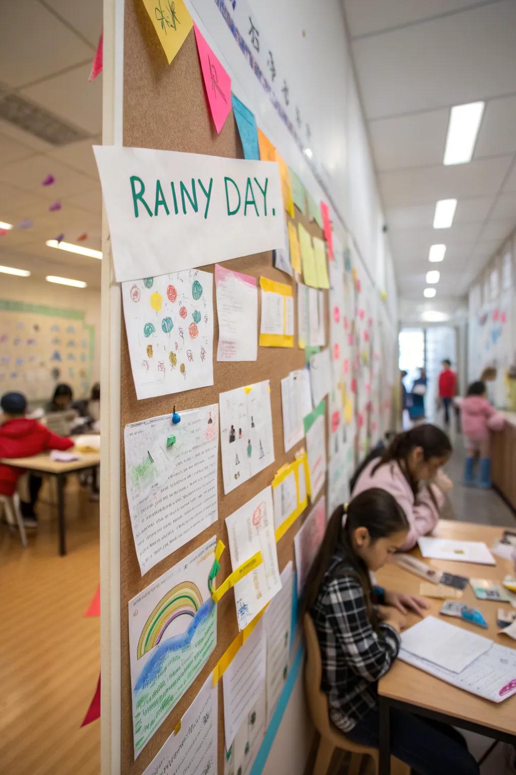 A creative bulletin board with rainy day writing prompts and student stories.