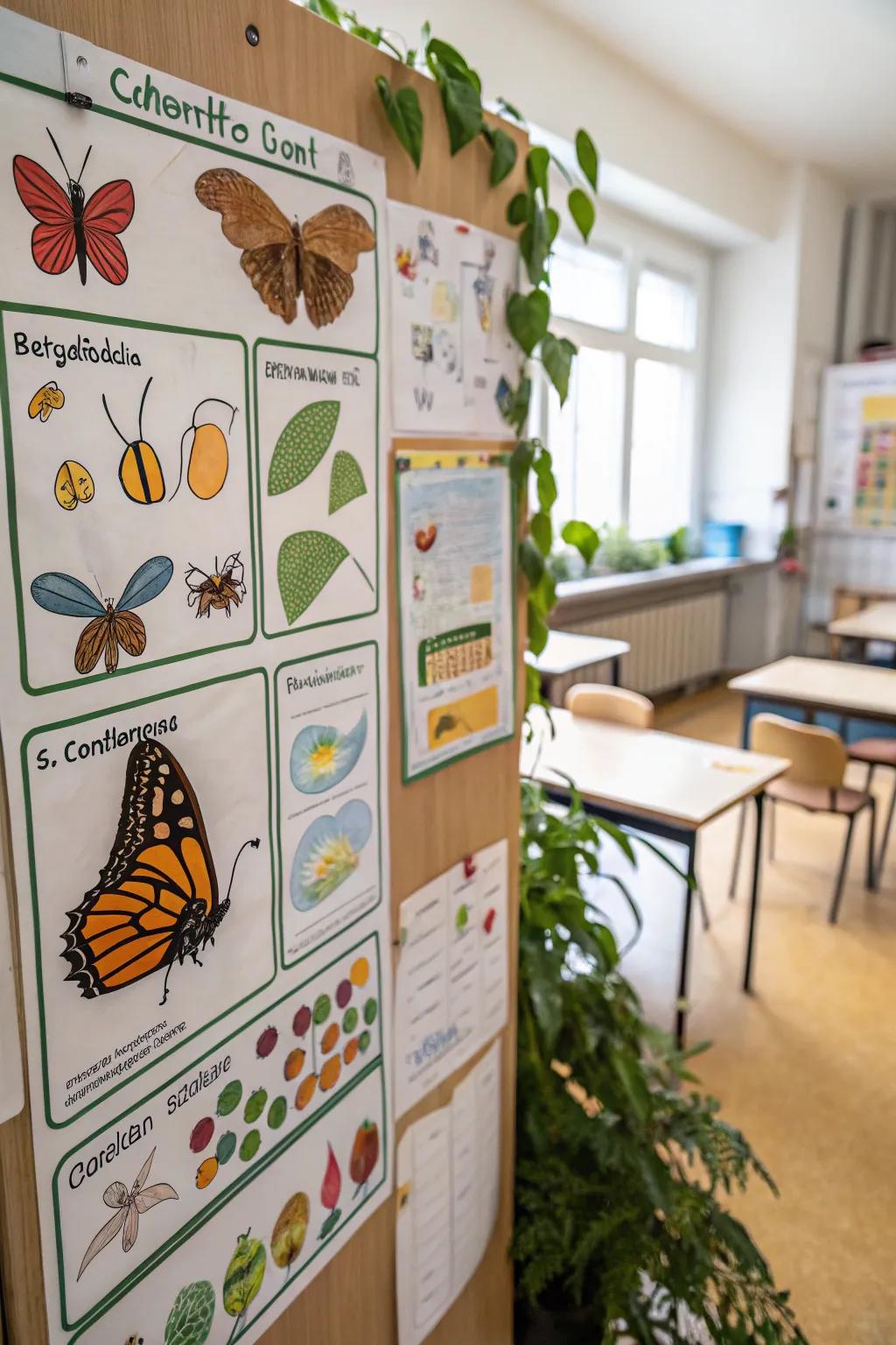 Nature's transformations are showcased on a board devoted to the butterfly's evolution.