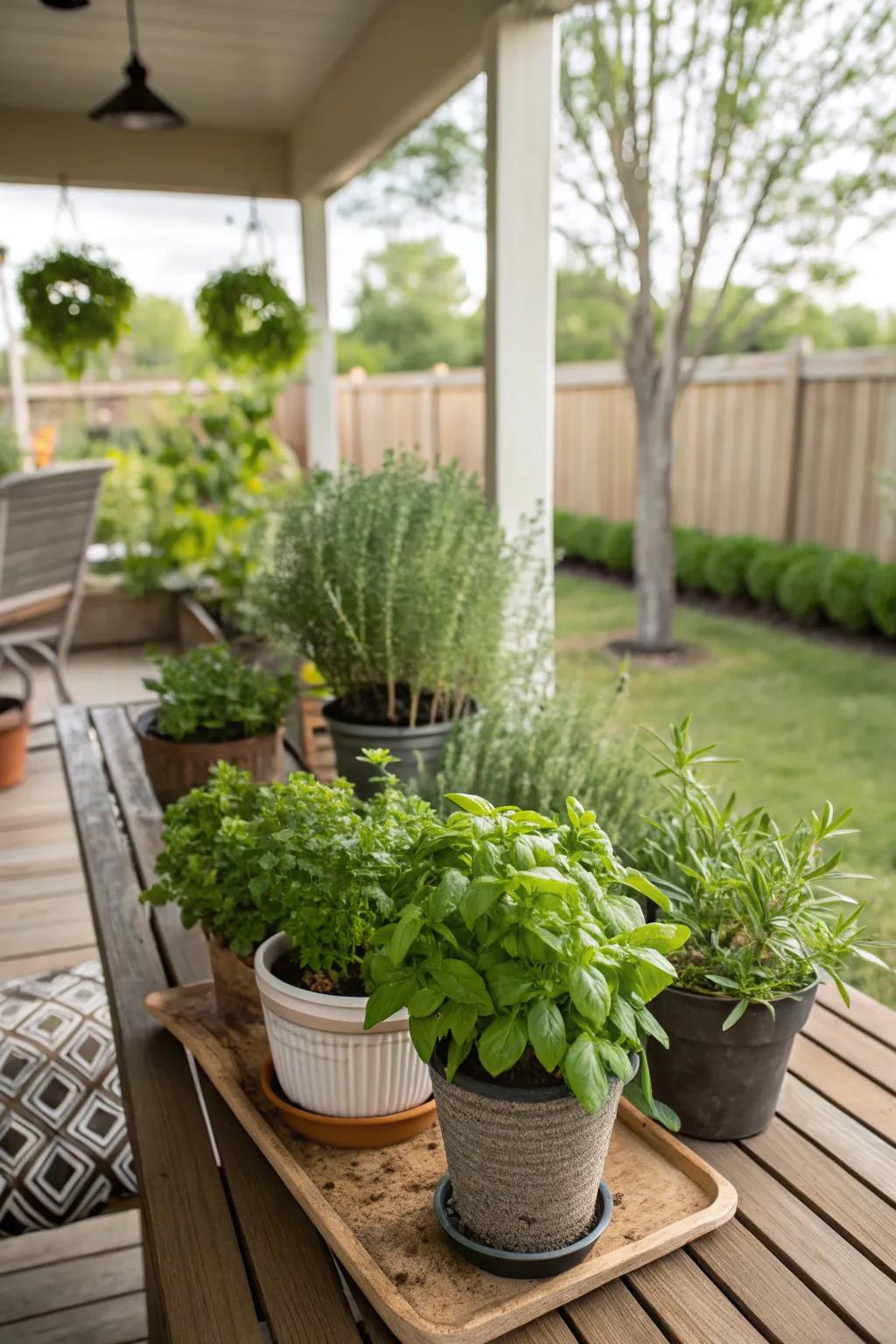 A mini herb patch contributes both elegance and practicality to your porch.