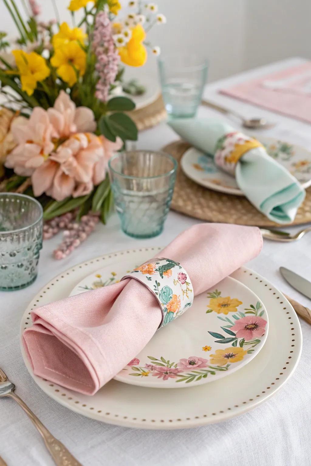 Spring-themed cloth rings introduce a pleasing detail.