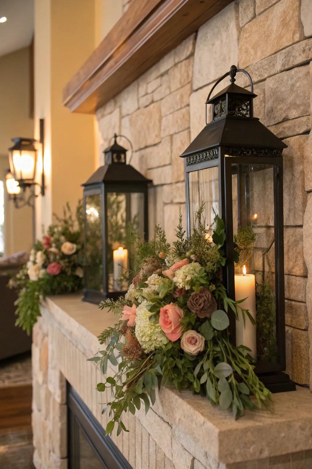 Lanterns with floral arrangements add a fresh spring touch.