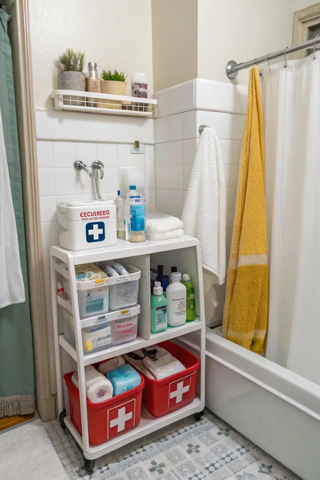 An emergency supply station adds practicality and care to the bathroom.