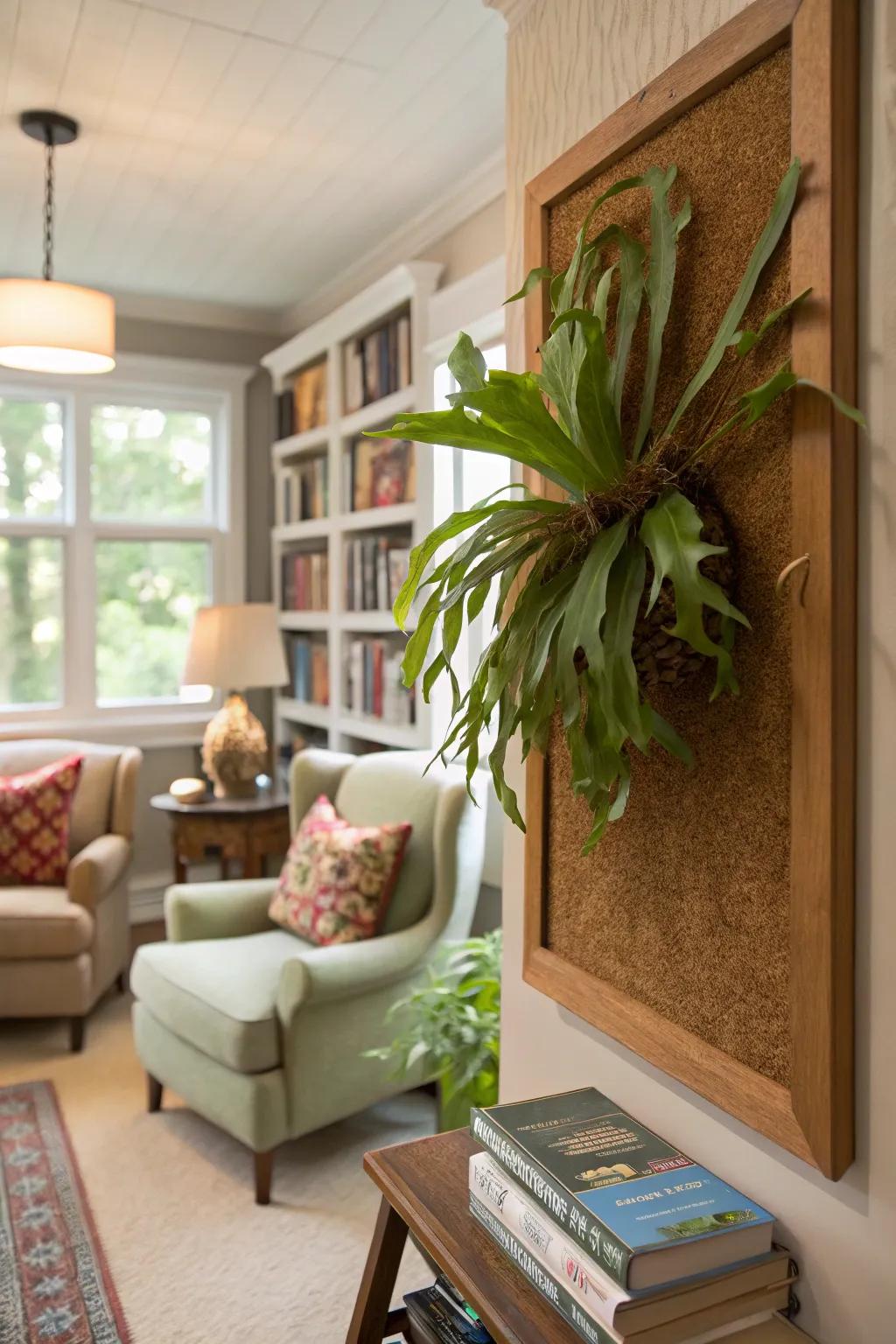 A stopper board mount provides a soft, earthy backdrop for a staghorn fern.