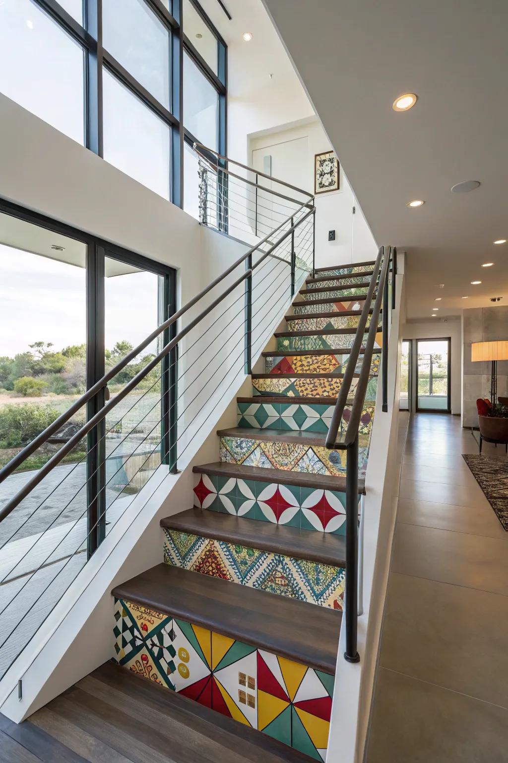 Geometric patterns inject modern flair and symmetry into this staircase.