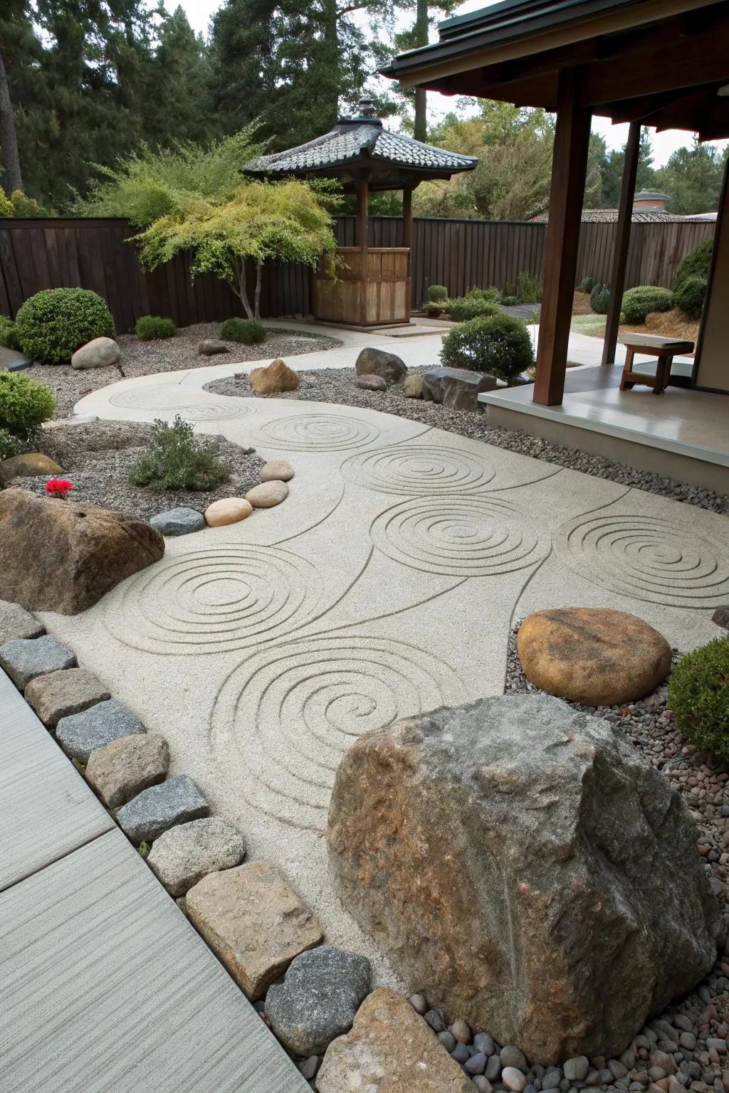 A stamped concrete patio with a tranquil Zen garden.