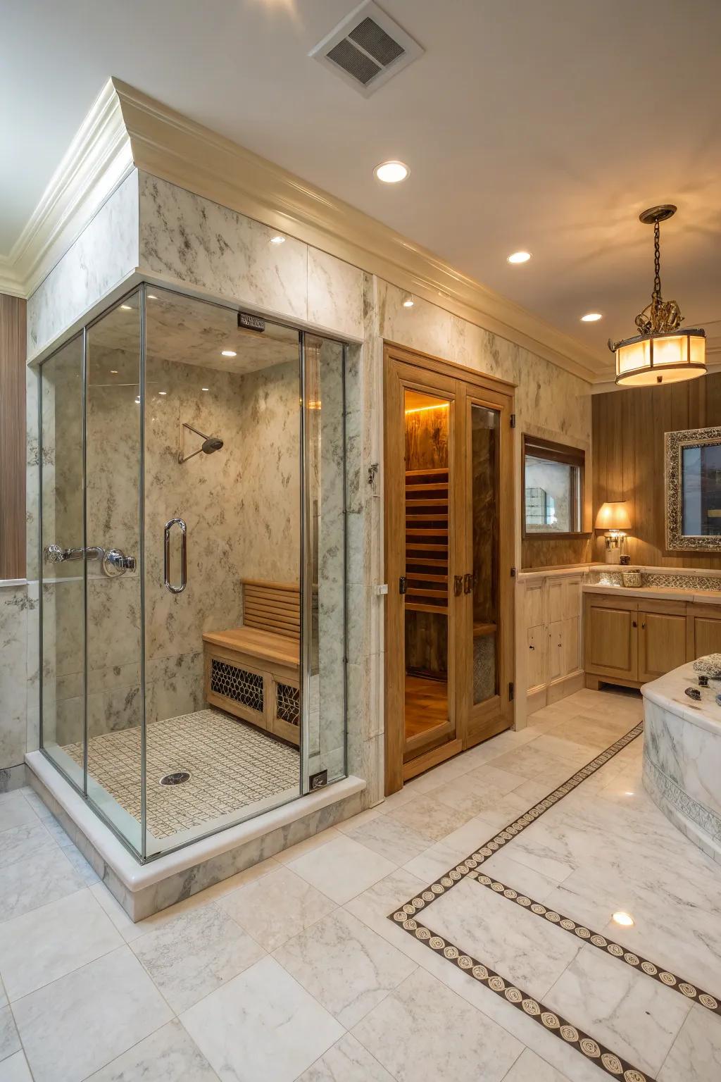 A standup shower paired with a sauna creates the ultimate relaxation space.