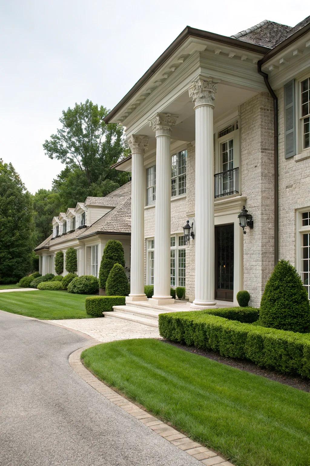 Ageless beauty achieved by using white brick and granite pillars.