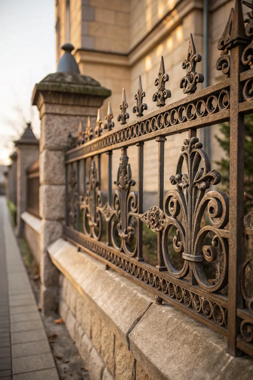 An artistic ironwork design integrated in a garden fence.