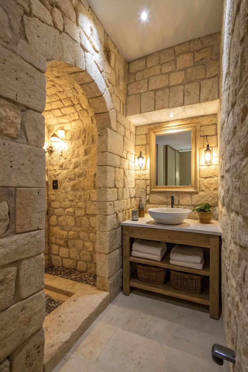 A stone bathroom presenting the gentle texture and inviting hues of travertine.