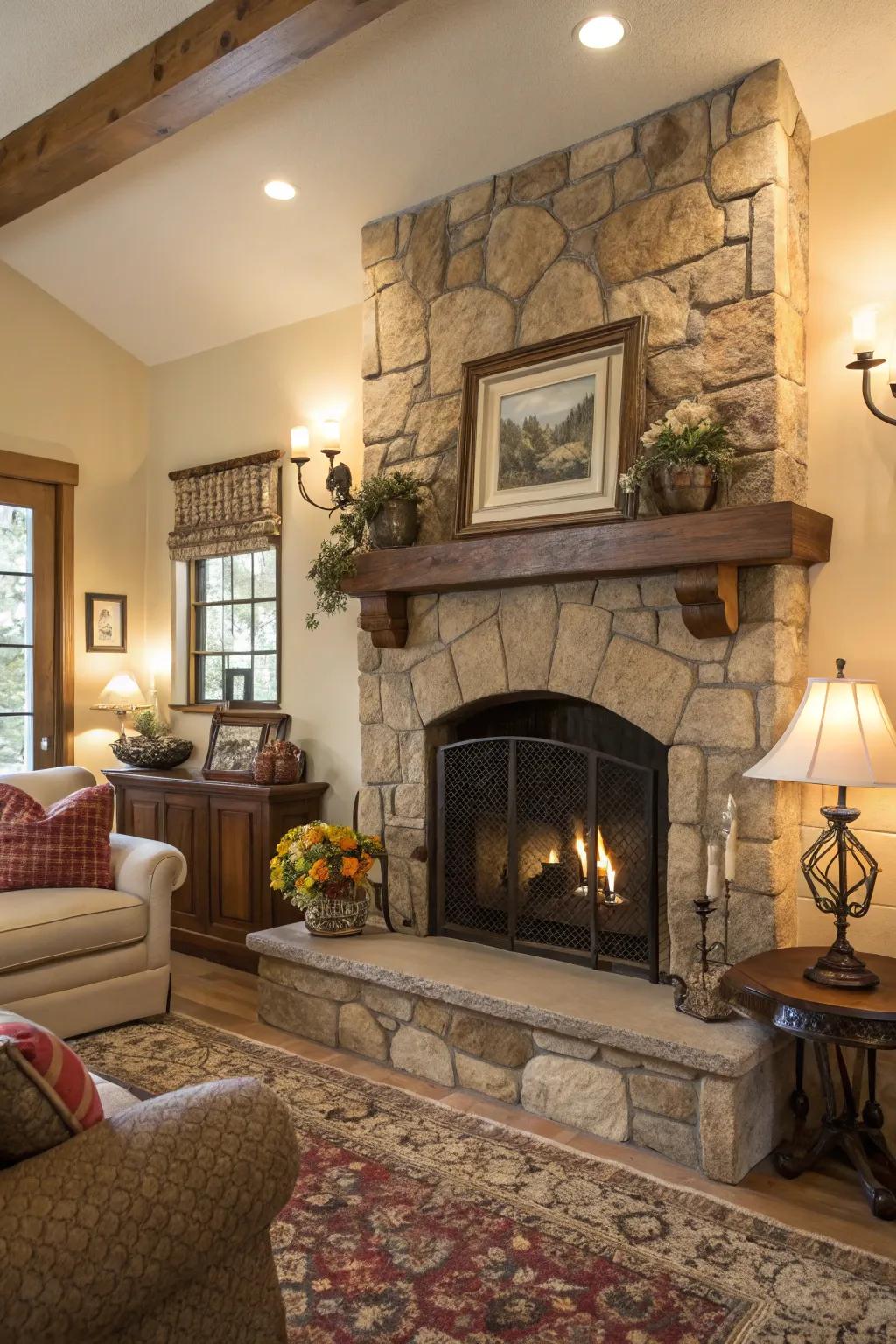 A charming space featuring a stone fireplace and a personal collection displayed on the mantel.