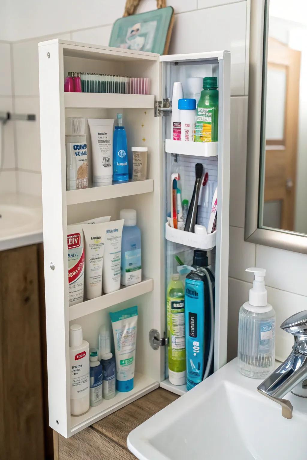 The slim bathroom cabinet holds toiletries.