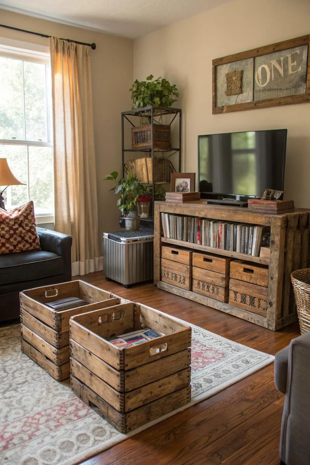The living room is furnished with antique bins and crates for storage.