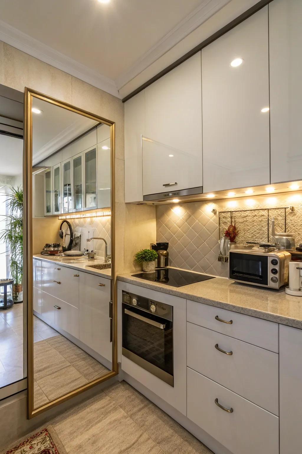 A mirror backsplash adds depth and reflects light in a kitchen.