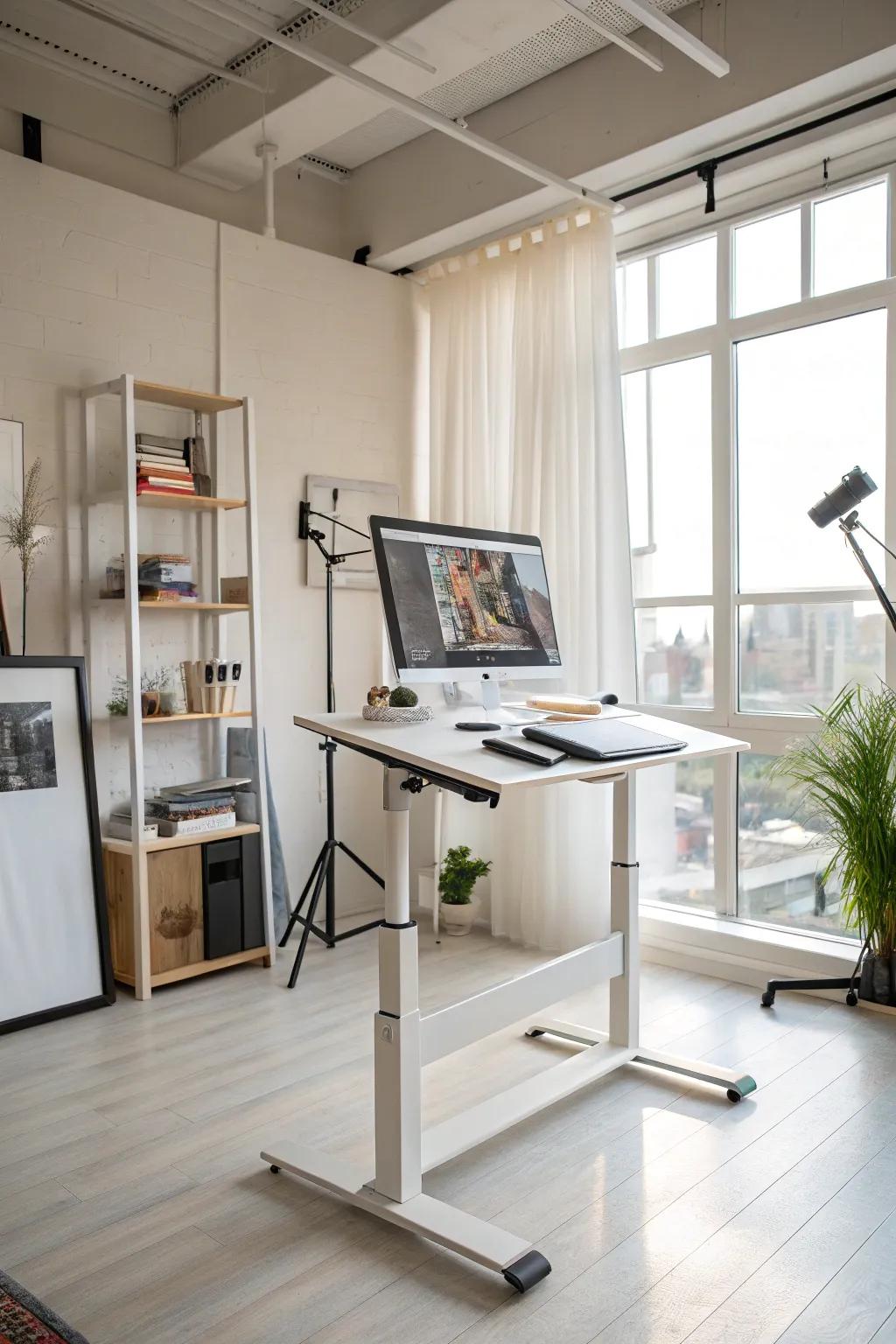 A standing desk option promotes a healthy and dynamic workflow.