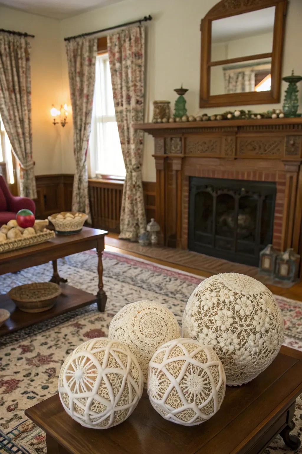 Lace-wrapped ornaments bring vintage elegance.