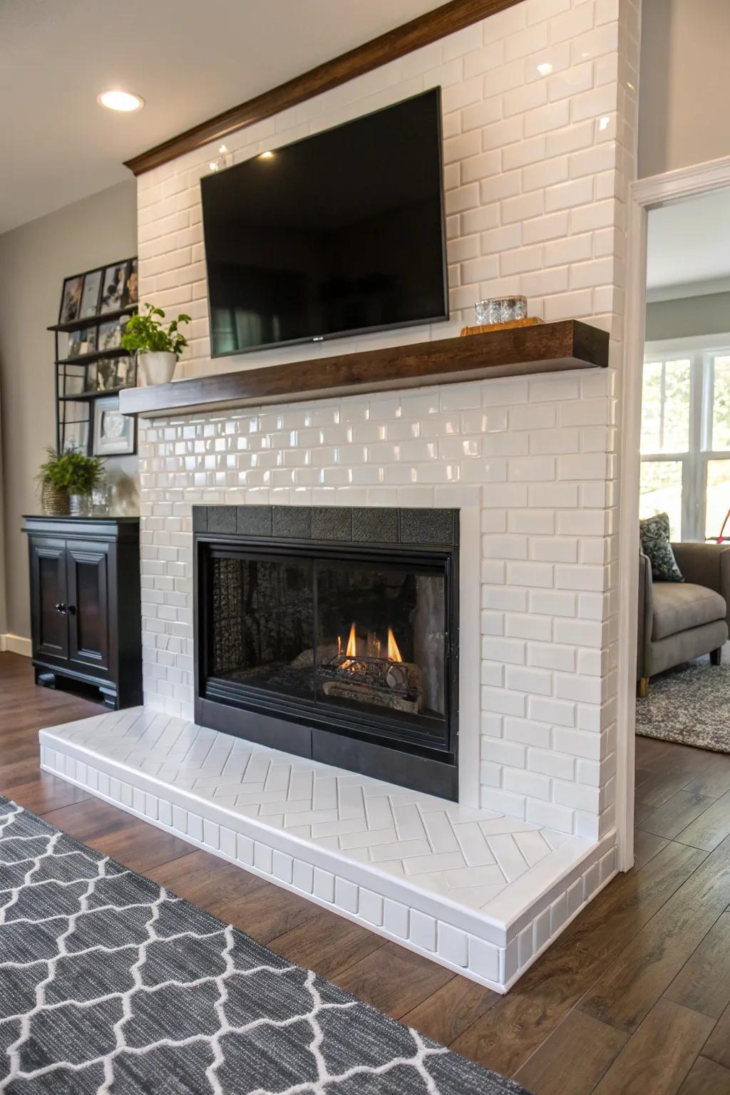 Mixing surfaces in rectangular tiles adds depth to this stylish fireplace.