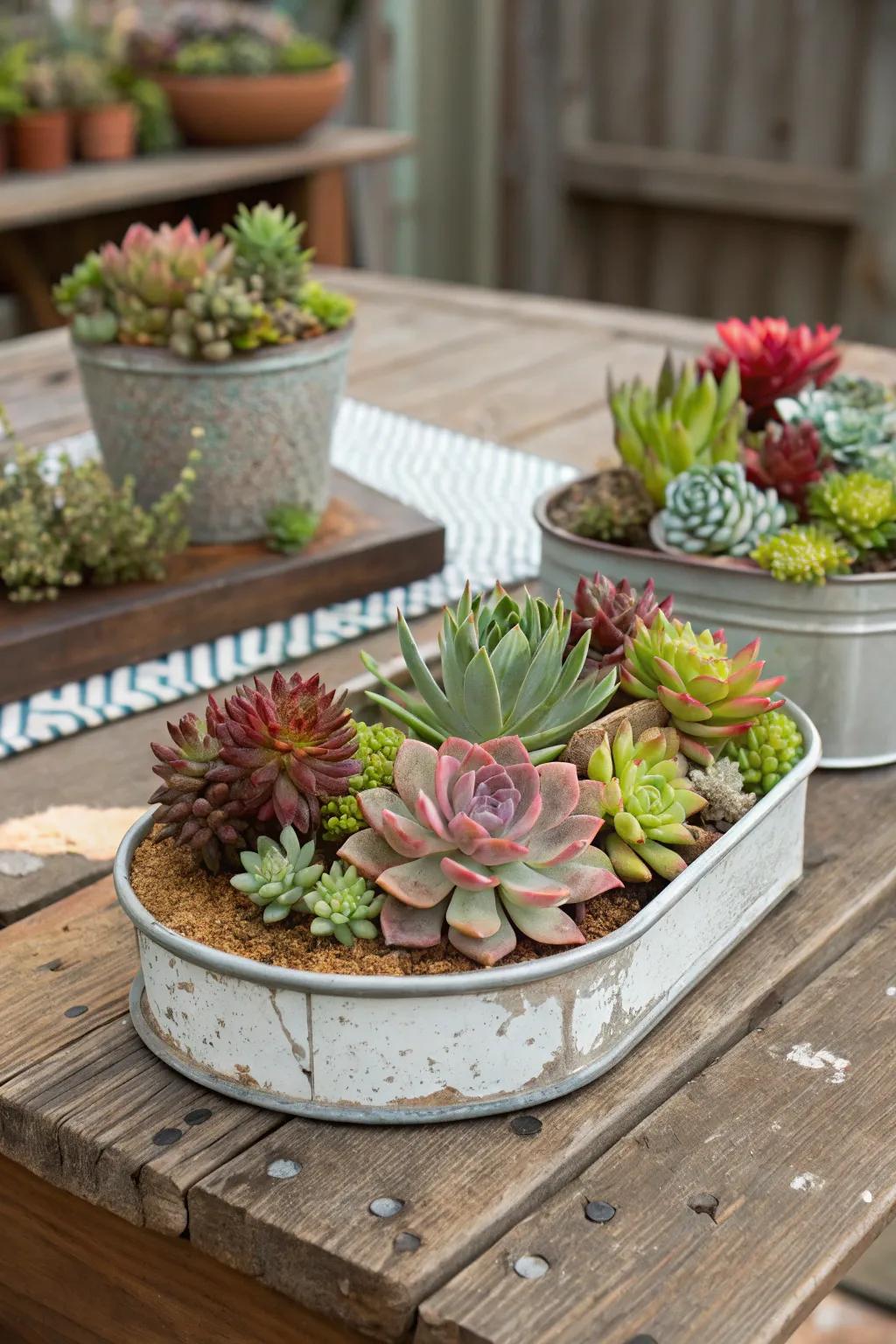 A charming succulent garden arranged in vintage, repurposed containers.