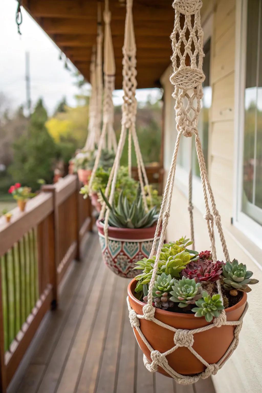 An inventive suspended garden showcasing succulents in containers and macramé.