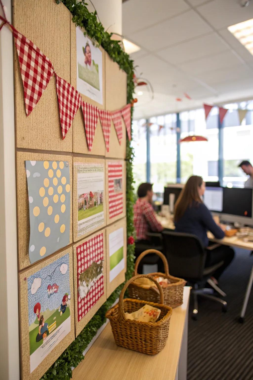 Create a cozy picnic atmosphere with a board featuring checkered patterns and baskets.
