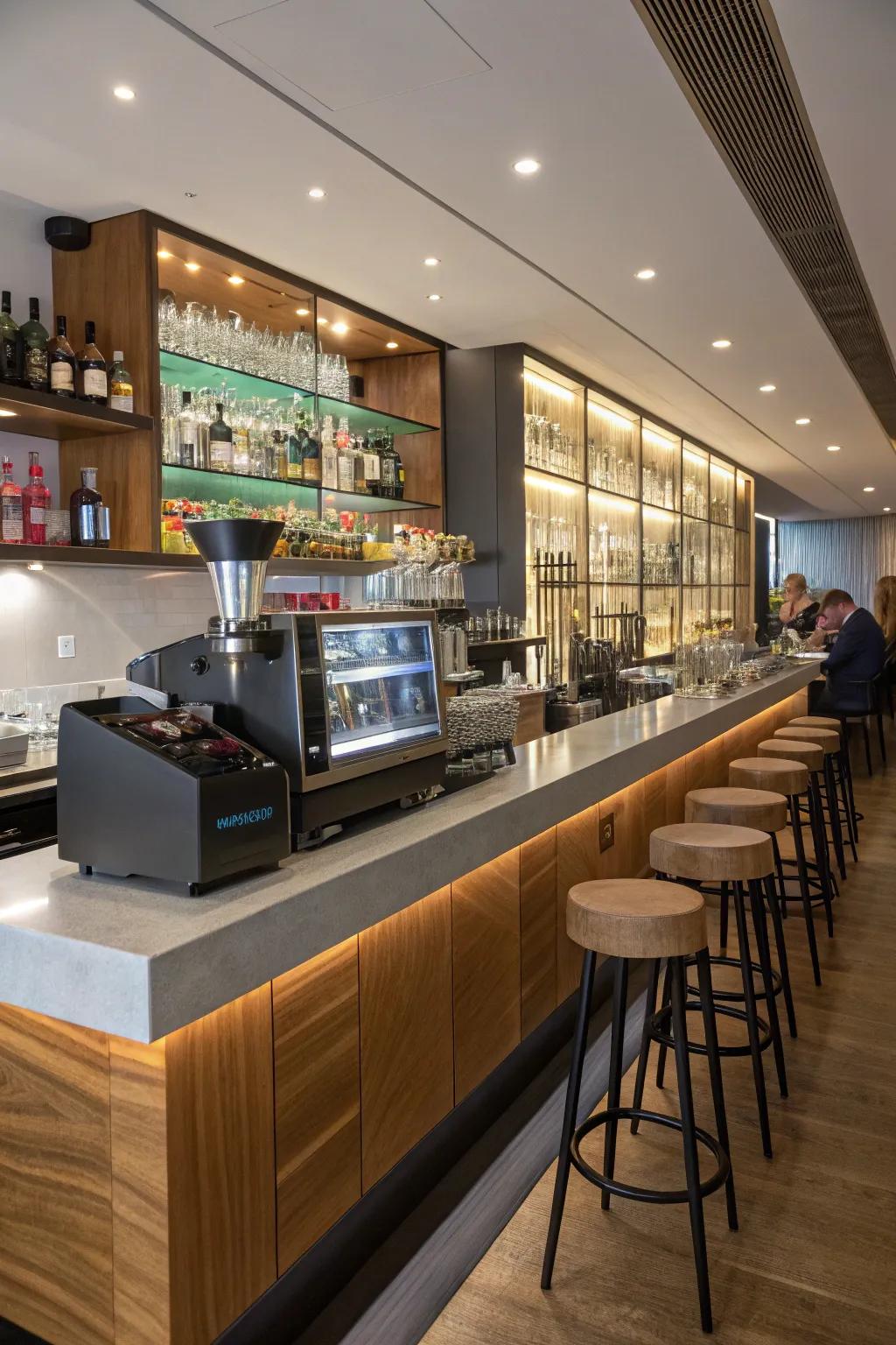 A small espresso bar that transforms into a cocktail corner by night.