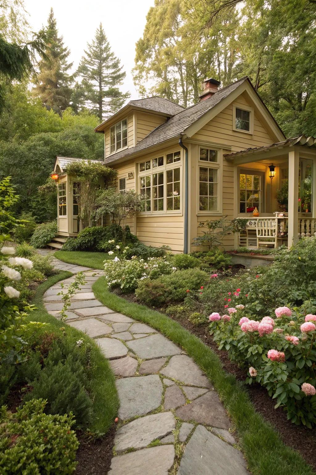 A cozy beige summer house, providing a comfortable and inviting yard retreat.