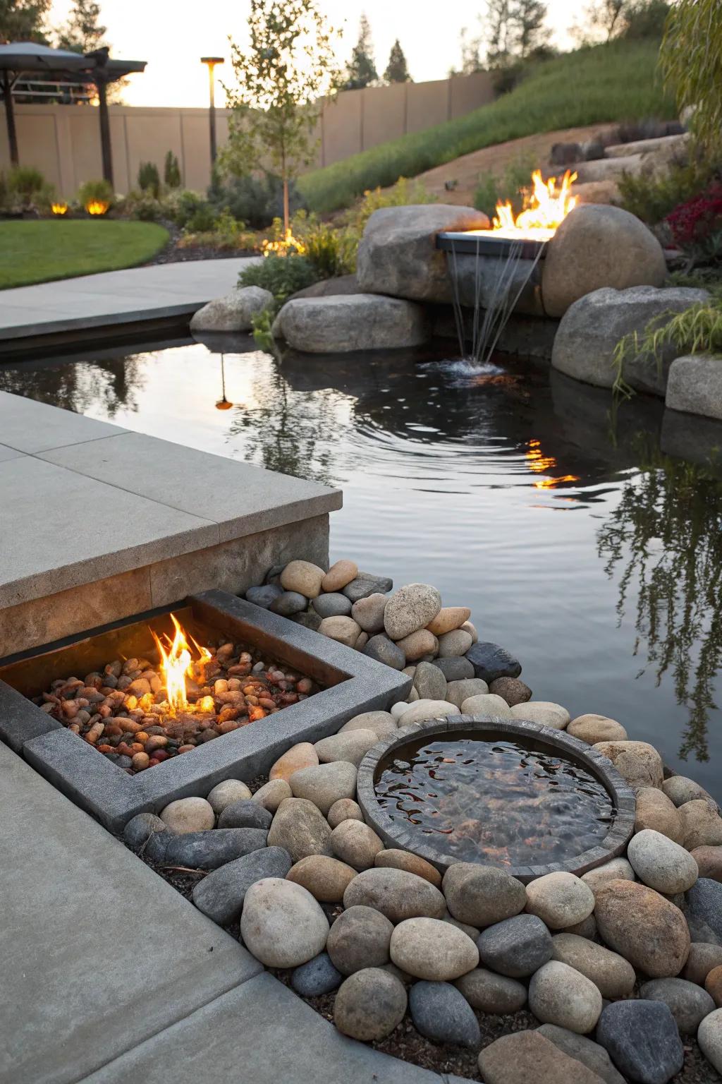 A reflective water feature enhances this sunken fire pit.