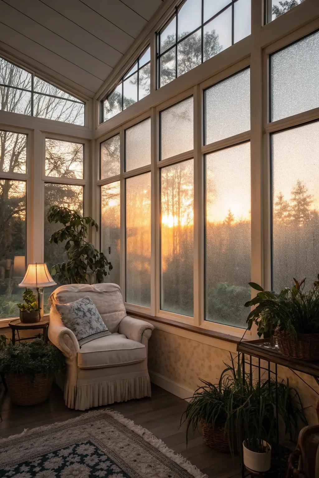 Misted glass turns your sunroom into a soft, relaxing retreat.