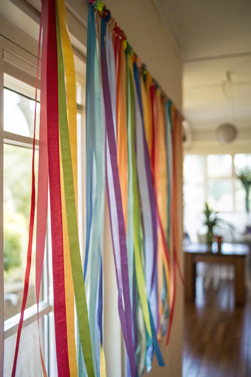 A vibrant ribbon curtain serves as a perfect photo backdrop.