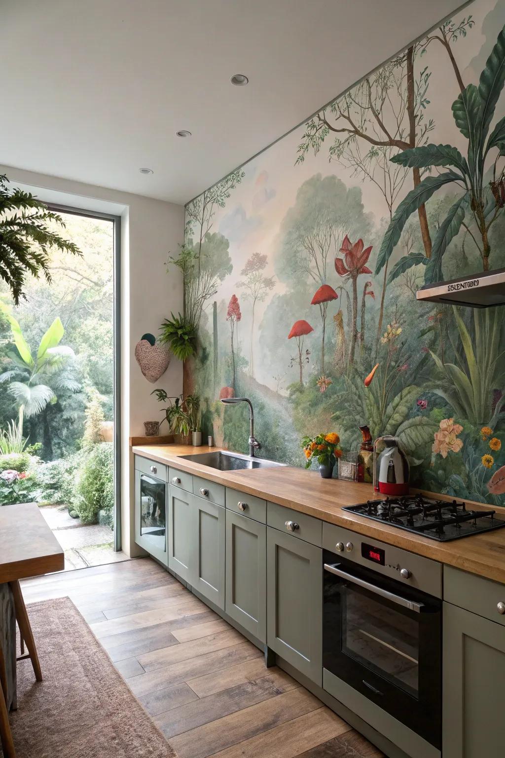 A kitchen showcasing an unreal garden.