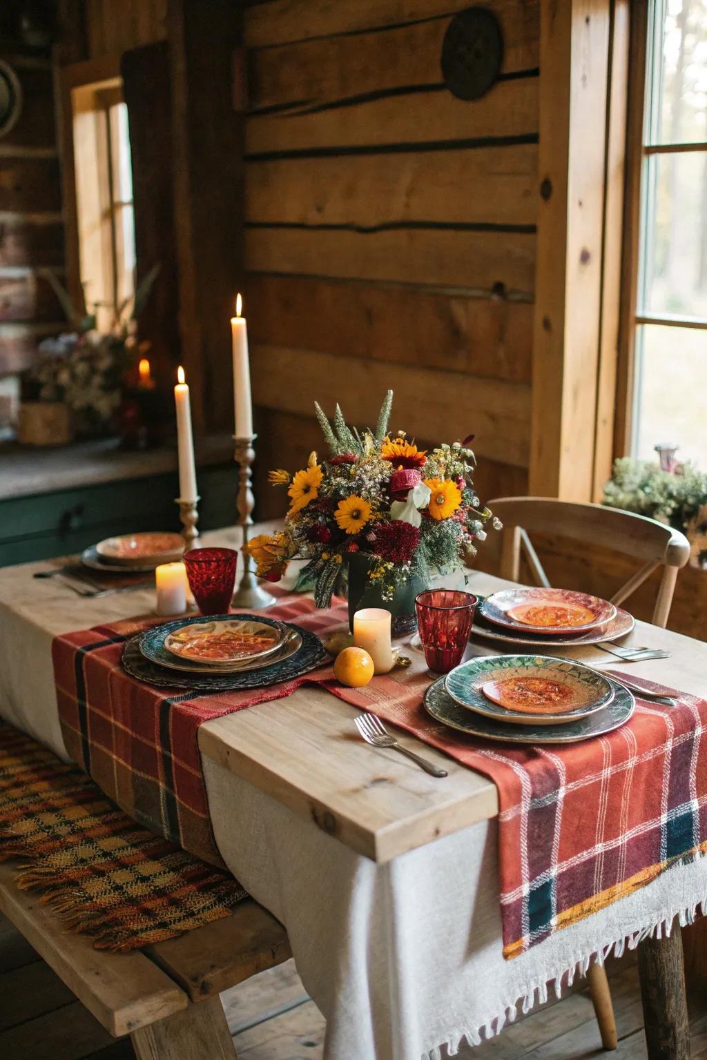 A cozy sweetheart table showcasing toasty textiles and rustic decoration.